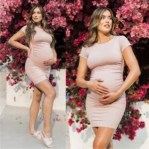 Blanqi Everyday Maternity Cap Sleeve Crew Neck Dress in Pink S/M
